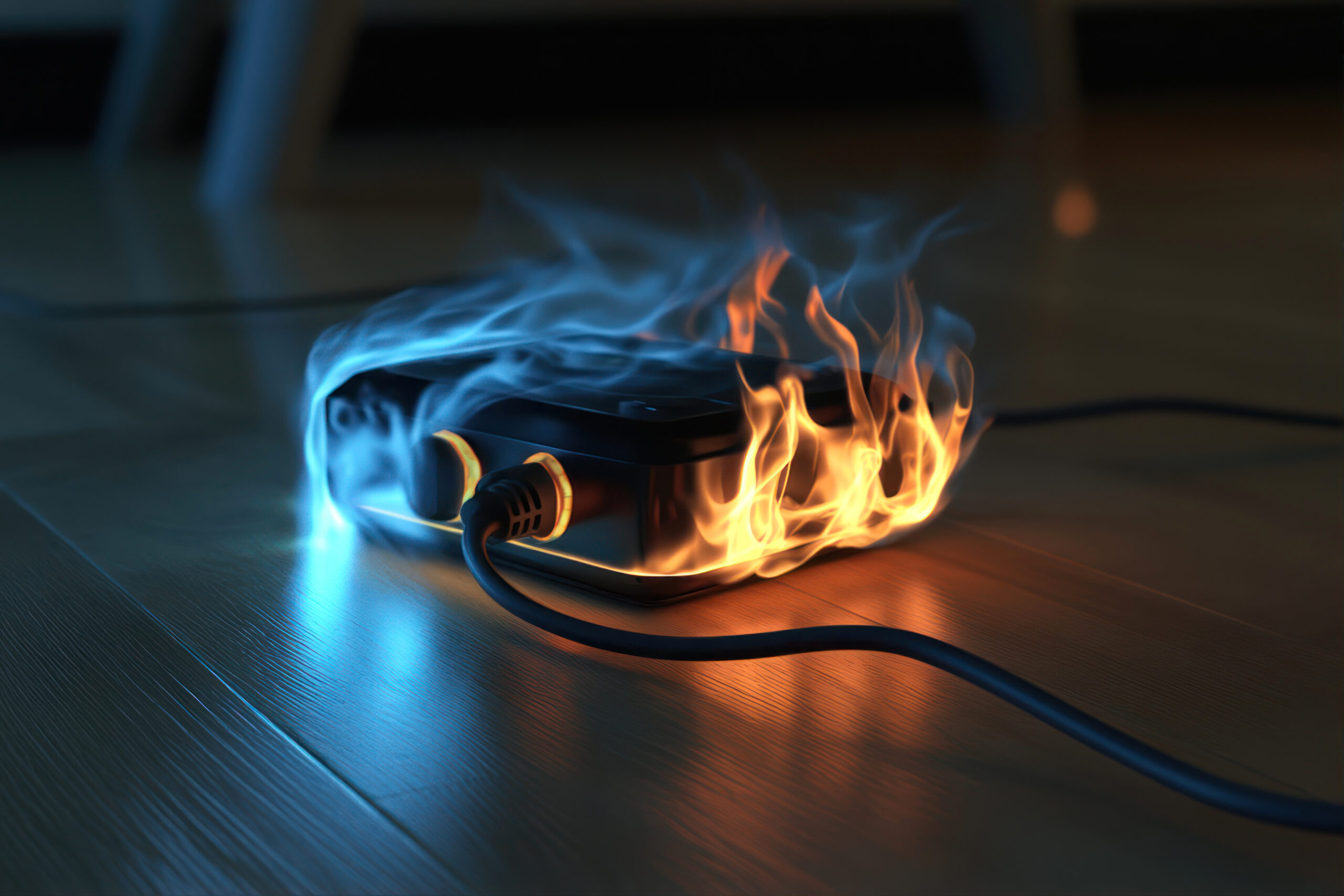 Electrical Surge Protector in Flames Due to Overloading While Plugged in Indoors
